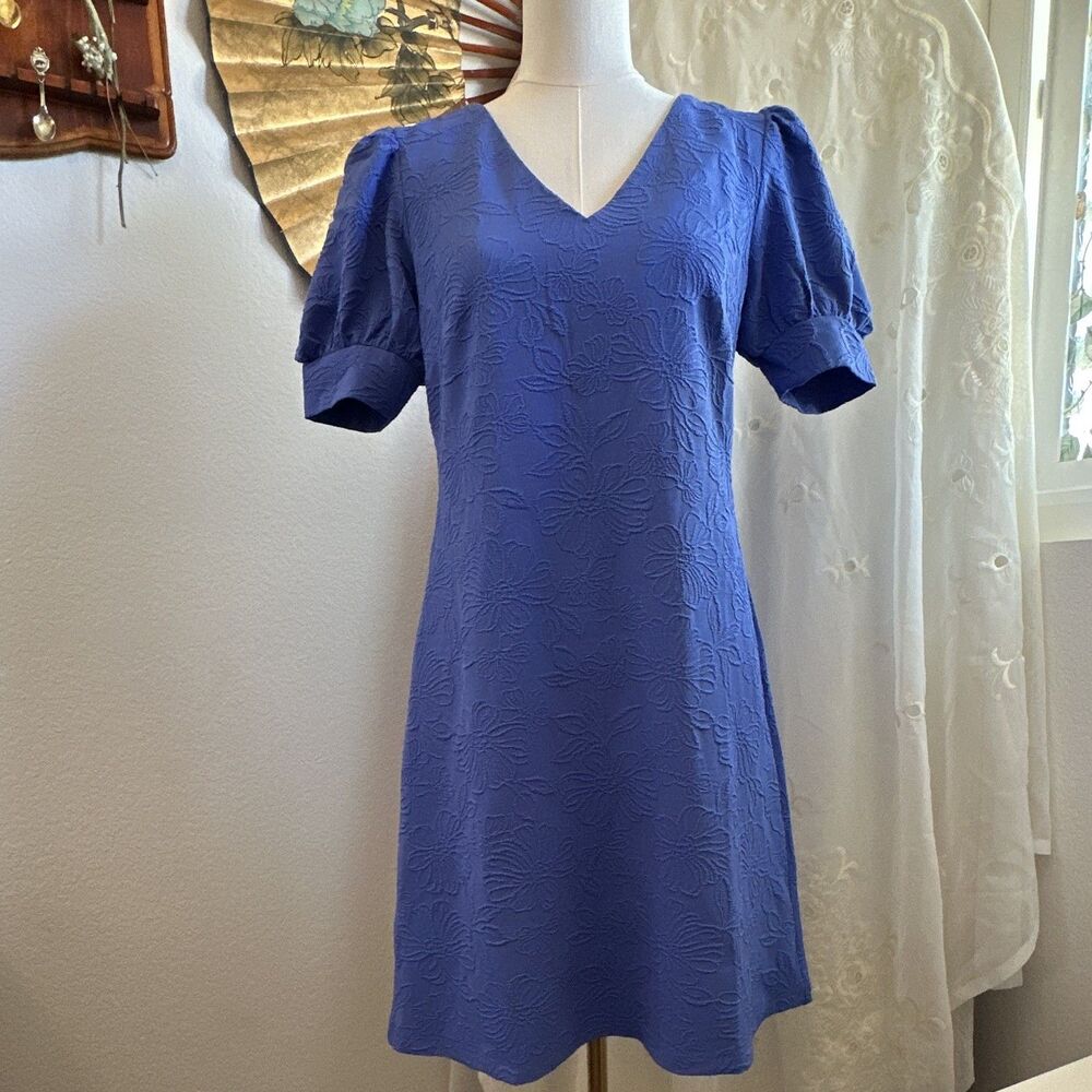 Tommy Hilfiger Blue Floral Jacquard Shift Dress Puff Short Sleeve V-Neck 6
